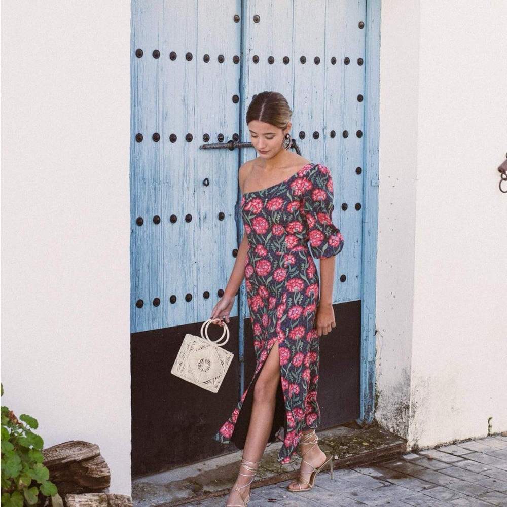 Lady Pipa One Shoulder Red and Black Floral Midi Dress